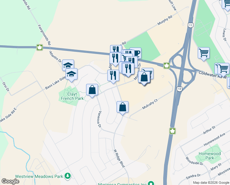 map of restaurants, bars, coffee shops, grocery stores, and more near 9 Julia Crescent in Orillia