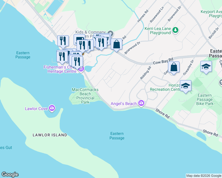 map of restaurants, bars, coffee shops, grocery stores, and more near 15 Blustery Lane in Eastern Passage