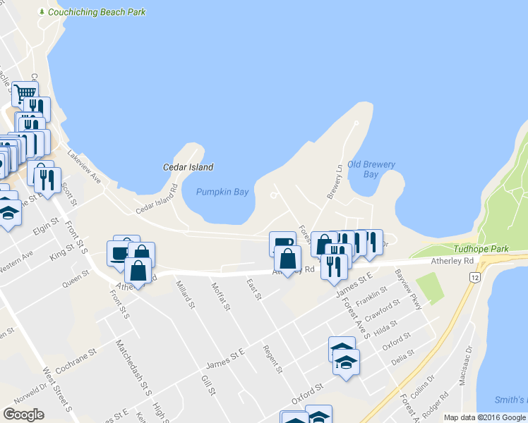 map of restaurants, bars, coffee shops, grocery stores, and more near 266 Cedarmere Road in Orillia