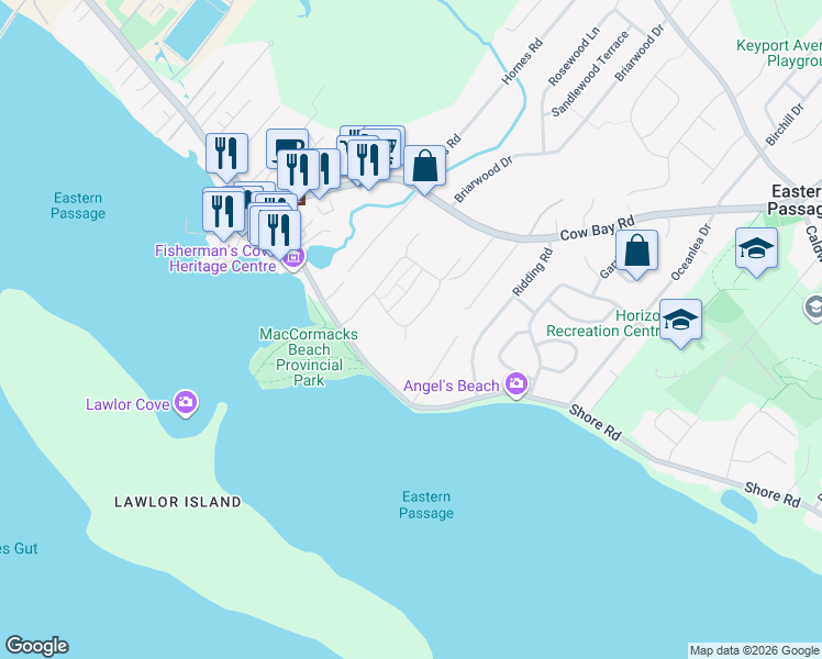 map of restaurants, bars, coffee shops, grocery stores, and more near 6 Blustery Lane in Eastern Passage