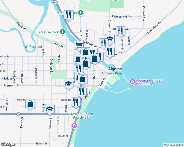 map of restaurants, bars, coffee shops, grocery stores, and more near 208 Steele Street in Algoma
