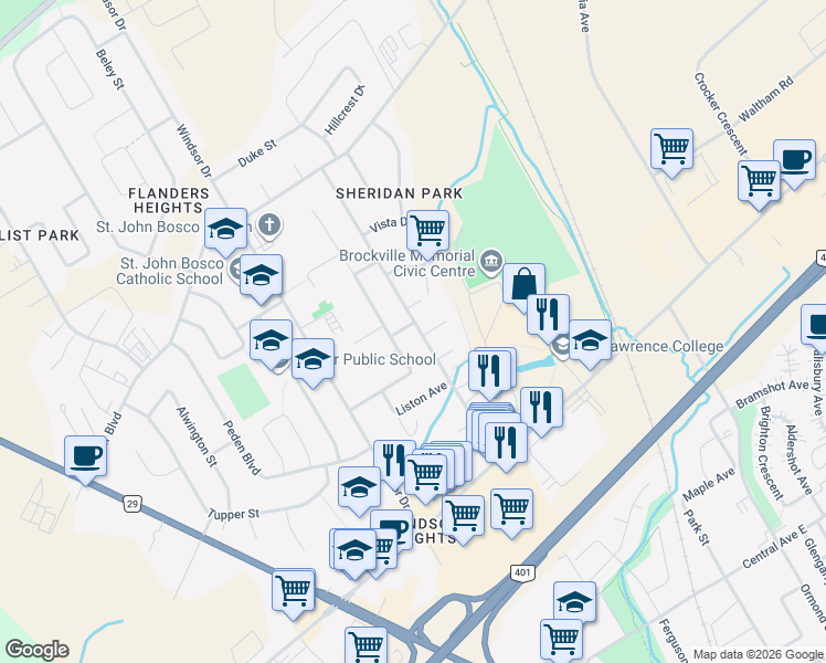 map of restaurants, bars, coffee shops, grocery stores, and more near 1162 Millwood Avenue in Brockville