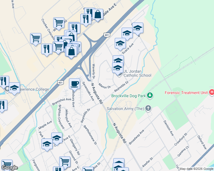 map of restaurants, bars, coffee shops, grocery stores, and more near 19 Manor Drive in Brockville