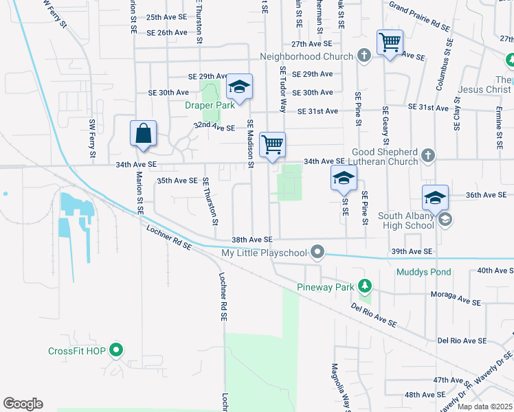 map of restaurants, bars, coffee shops, grocery stores, and more near 3530 Southeast Madison Street in Albany