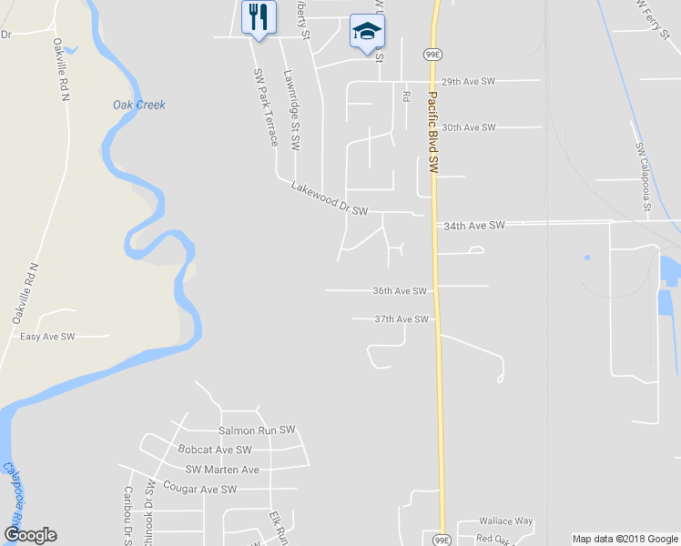 map of restaurants, bars, coffee shops, grocery stores, and more near 3600 Takena Street Southwest in Albany