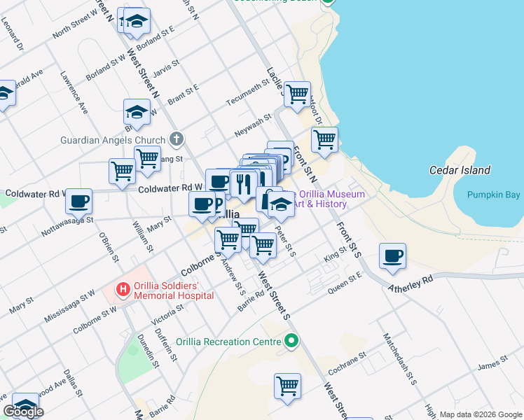 map of restaurants, bars, coffee shops, grocery stores, and more near 25 Peter Street South in Orillia