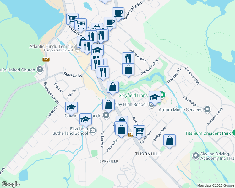 map of restaurants, bars, coffee shops, grocery stores, and more near 13 River Road in Halifax