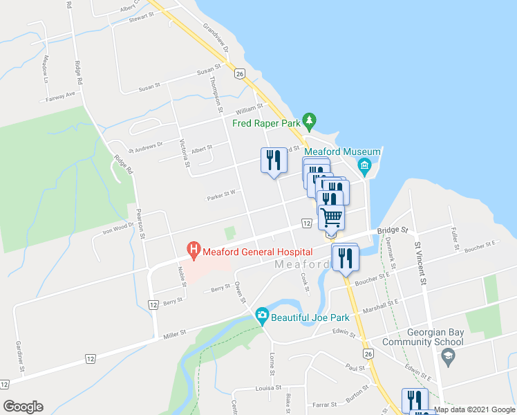 map of restaurants, bars, coffee shops, grocery stores, and more near 104 Collingwood Street in Meaford