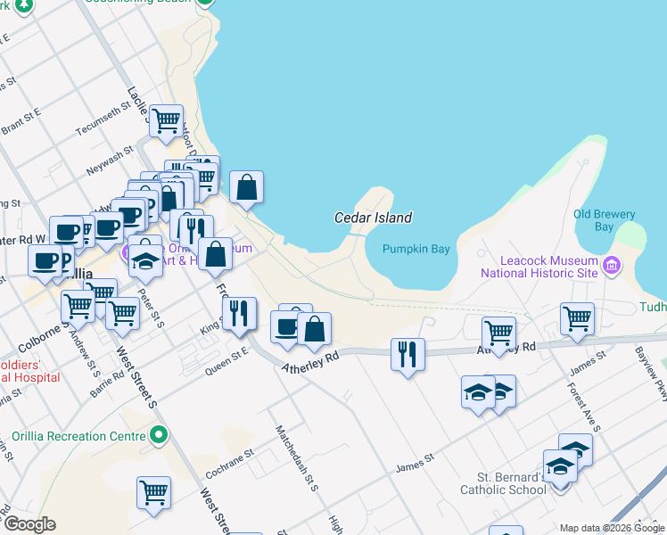 map of restaurants, bars, coffee shops, grocery stores, and more near 161 Cedar Island Road in Orillia