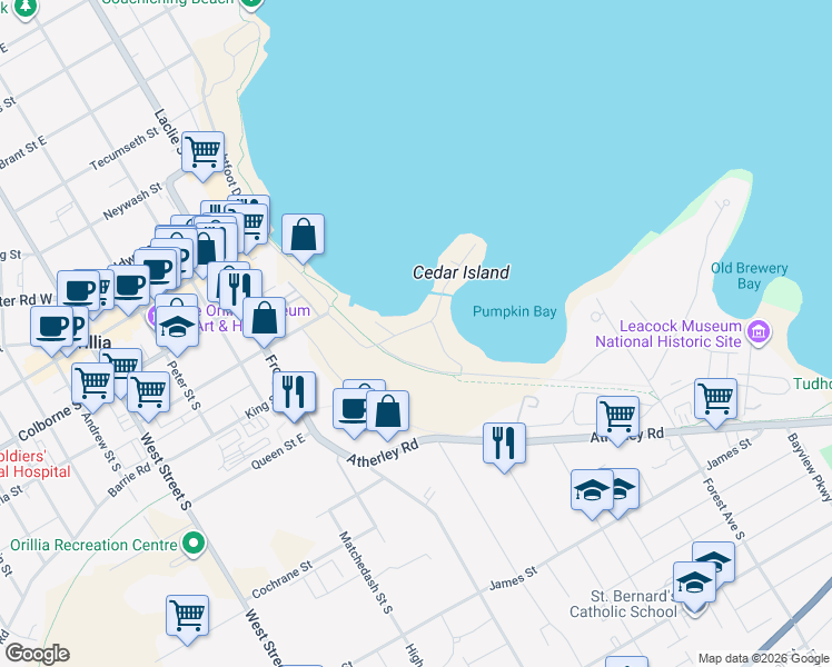 map of restaurants, bars, coffee shops, grocery stores, and more near 161 Cedar Island Road in Orillia