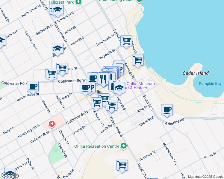 map of restaurants, bars, coffee shops, grocery stores, and more near in Orillia