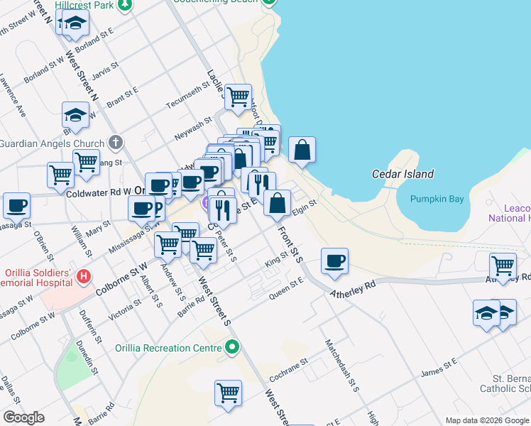 map of restaurants, bars, coffee shops, grocery stores, and more near 61 Front Street South in Orillia