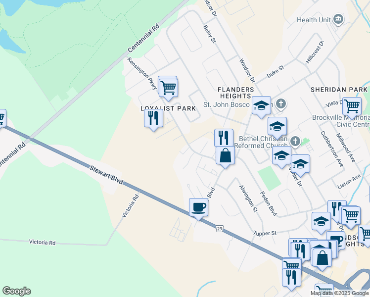 map of restaurants, bars, coffee shops, grocery stores, and more near 1410 Kensington Parkway in Brockville