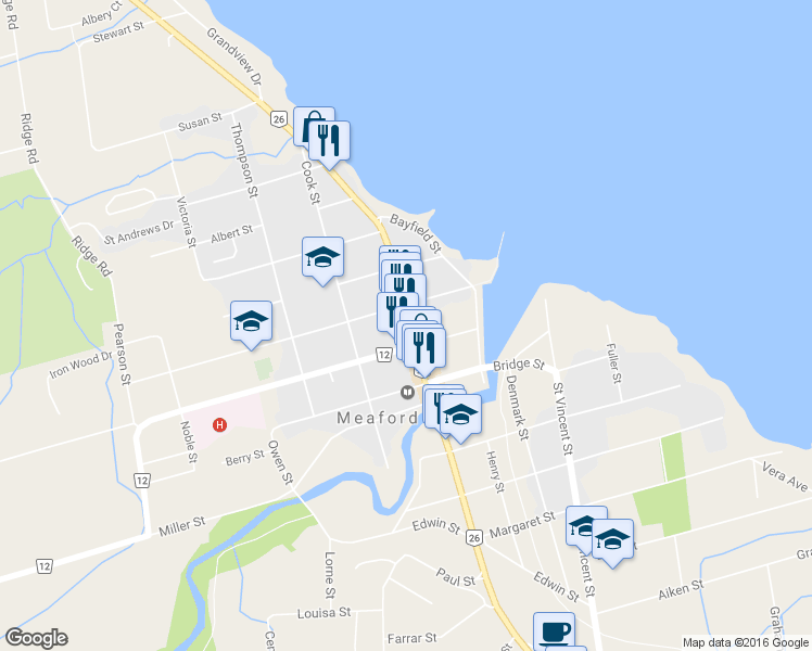 map of restaurants, bars, coffee shops, grocery stores, and more near 86 North Sykes Street in Meaford