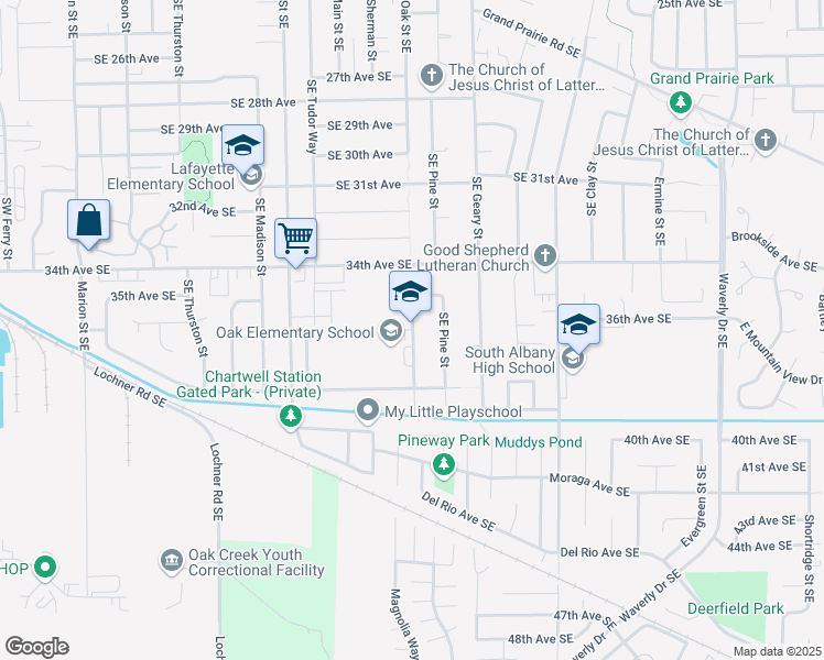 map of restaurants, bars, coffee shops, grocery stores, and more near 3610 Oak Street Southeast in Albany