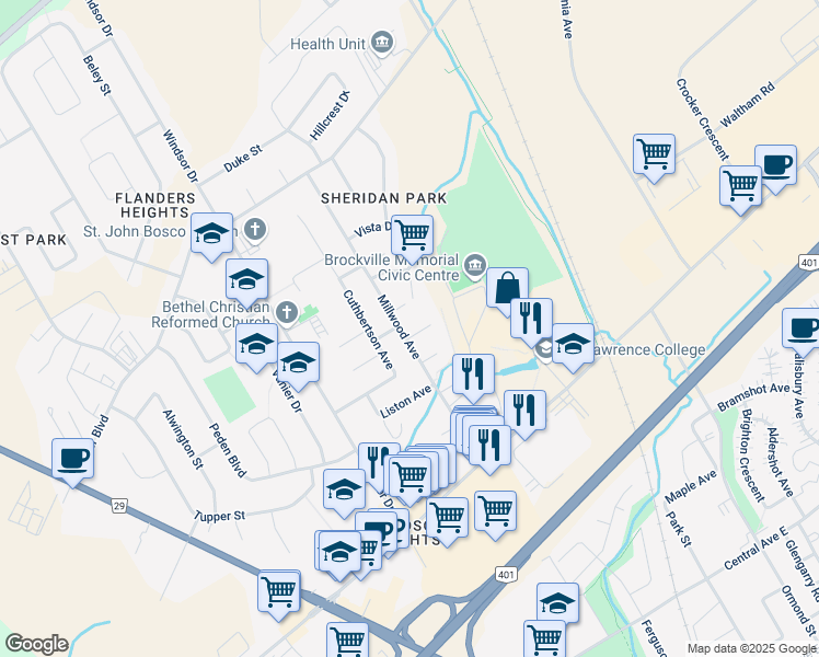 map of restaurants, bars, coffee shops, grocery stores, and more near 2 Stonebriar Court in Brockville