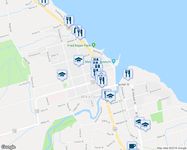 map of restaurants, bars, coffee shops, grocery stores, and more near 15 Collingwood Street West in Meaford