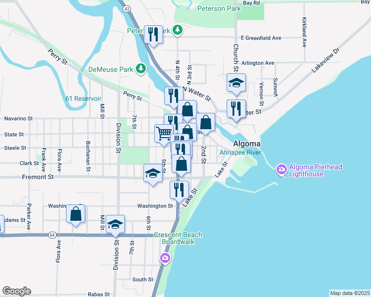 map of restaurants, bars, coffee shops, grocery stores, and more near 314 Steele St in Algoma