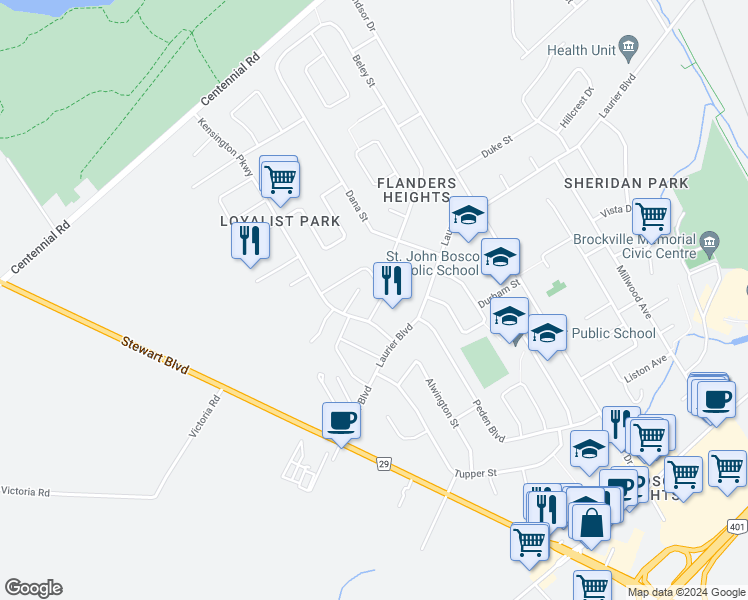 map of restaurants, bars, coffee shops, grocery stores, and more near 1315 Kensington Parkway in Brockville