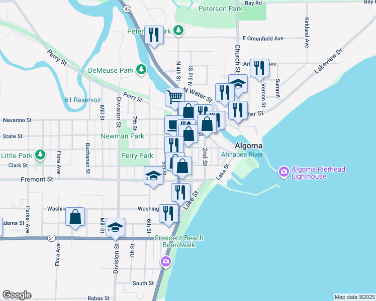map of restaurants, bars, coffee shops, grocery stores, and more near 314 Steele Street in Algoma