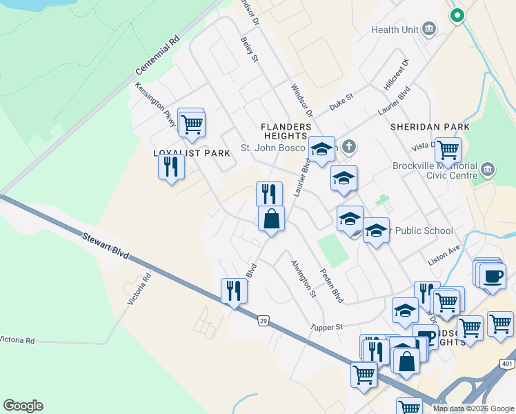 map of restaurants, bars, coffee shops, grocery stores, and more near 1315 Kensington Parkway in Brockville