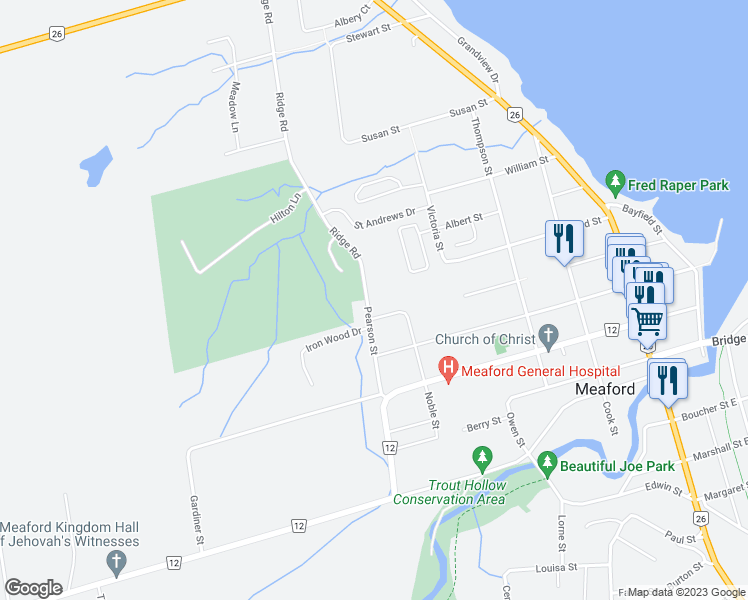 map of restaurants, bars, coffee shops, grocery stores, and more near 223 Pearson Street in Meaford