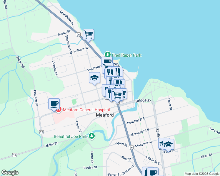 map of restaurants, bars, coffee shops, grocery stores, and more near 15 Collingwood Street West in Meaford
