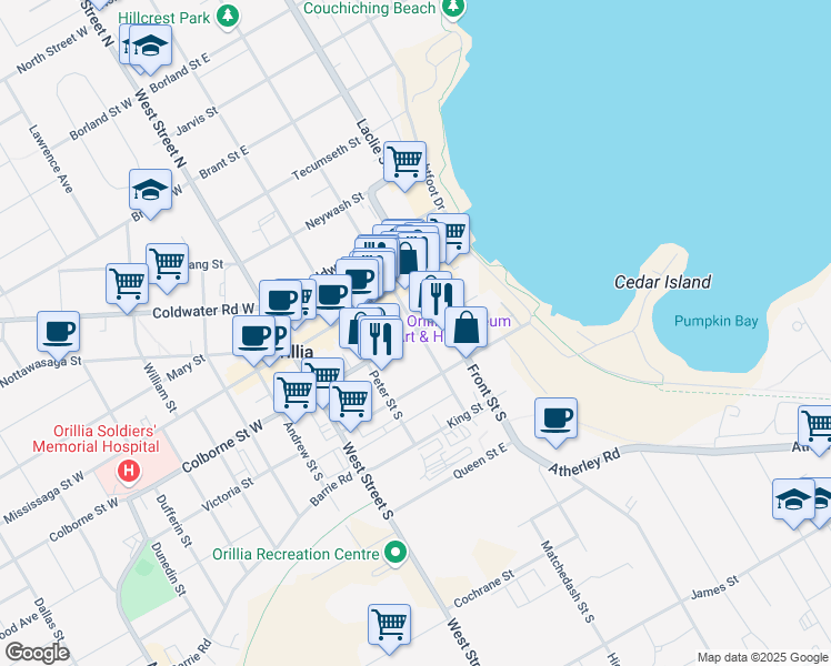 map of restaurants, bars, coffee shops, grocery stores, and more near 64 Colborne Street East in Orillia
