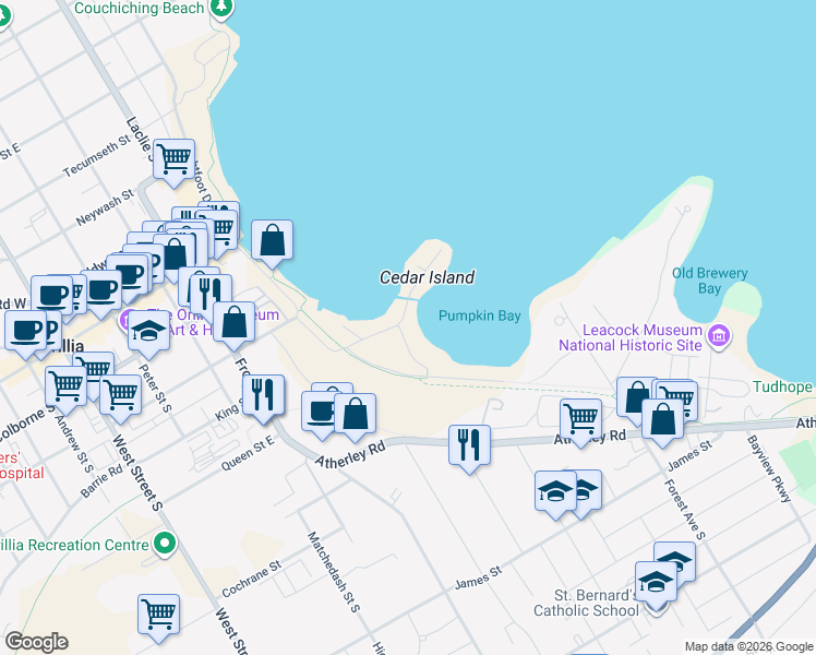 map of restaurants, bars, coffee shops, grocery stores, and more near 110 Davey Drive in Orillia