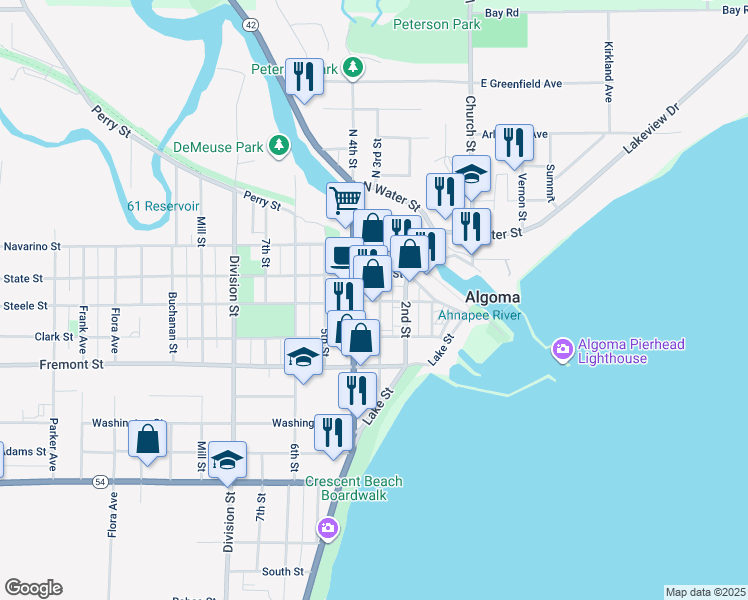 map of restaurants, bars, coffee shops, grocery stores, and more near 314 Steele Street in Algoma