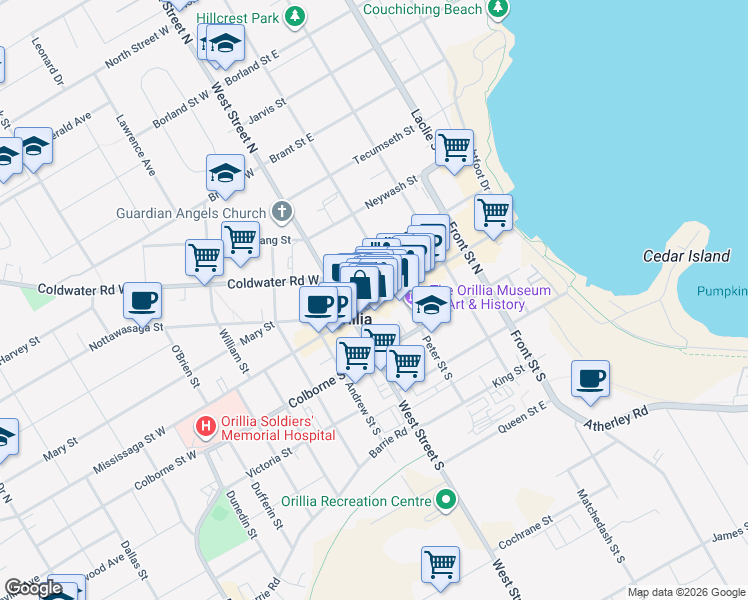 map of restaurants, bars, coffee shops, grocery stores, and more near in Orillia