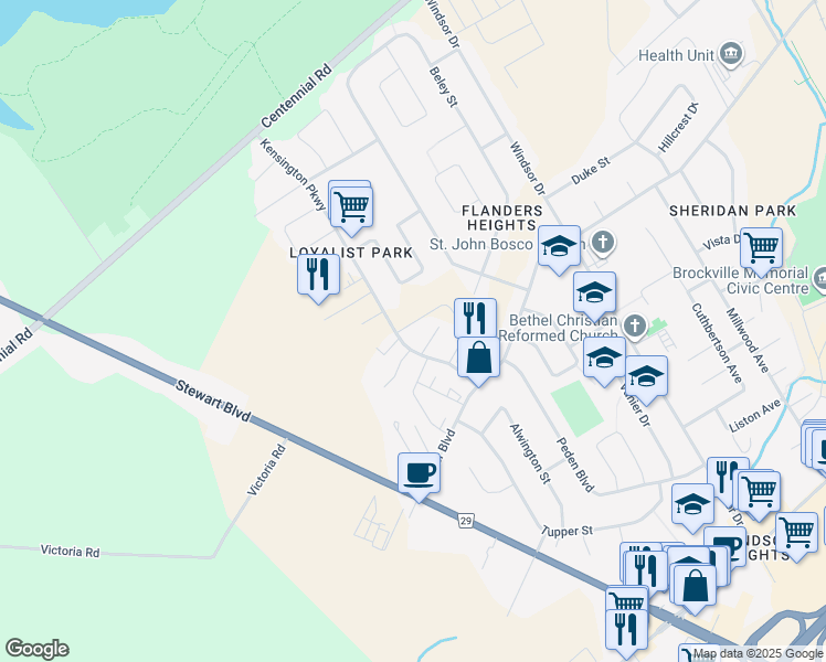 map of restaurants, bars, coffee shops, grocery stores, and more near 1375 Kensington Parkway in Brockville