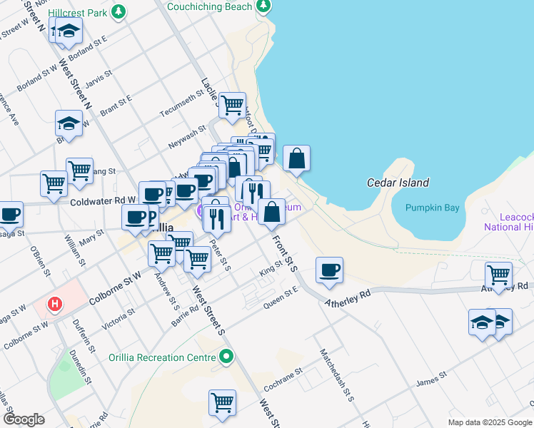 map of restaurants, bars, coffee shops, grocery stores, and more near 56 Front Street South in Orillia