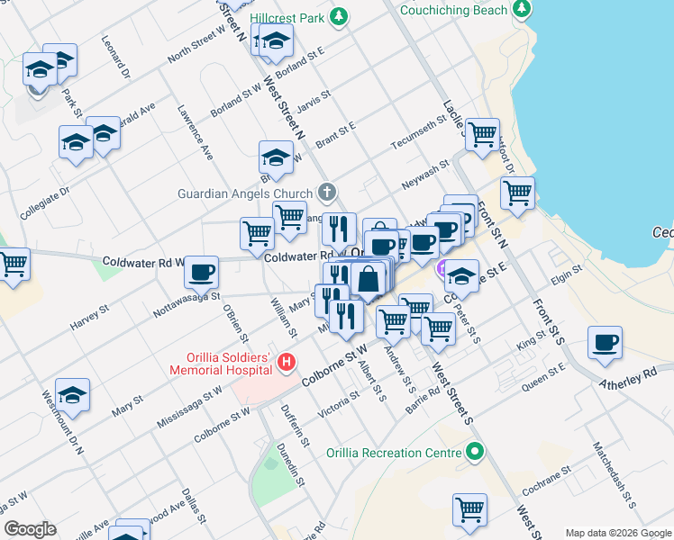 map of restaurants, bars, coffee shops, grocery stores, and more near in Orillia