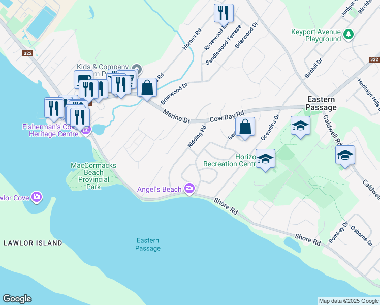 map of restaurants, bars, coffee shops, grocery stores, and more near 16 Esh Lane in Eastern Passage