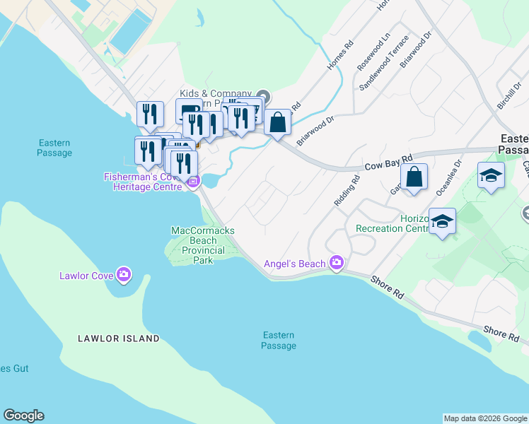 map of restaurants, bars, coffee shops, grocery stores, and more near 17 Candytuft Close in Eastern Passage
