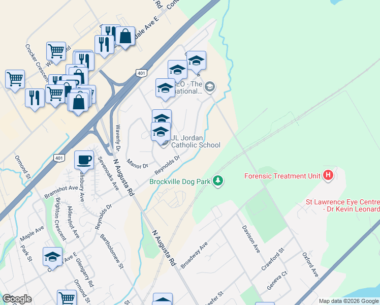 map of restaurants, bars, coffee shops, grocery stores, and more near 209 Reynolds Drive in Brockville