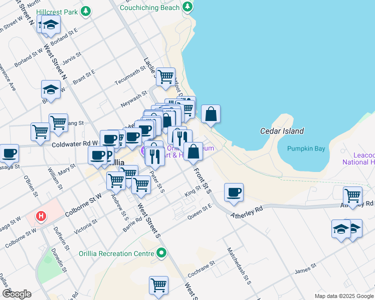 map of restaurants, bars, coffee shops, grocery stores, and more near in Orillia