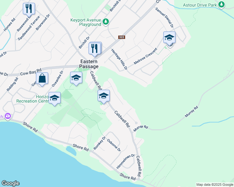 map of restaurants, bars, coffee shops, grocery stores, and more near 36 Thorncrest Court in Eastern Passage