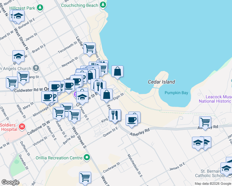 map of restaurants, bars, coffee shops, grocery stores, and more near 57 Wyn Wood Lane in Orillia