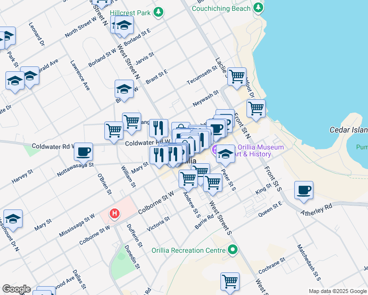 map of restaurants, bars, coffee shops, grocery stores, and more near 26 West Street North in Orillia