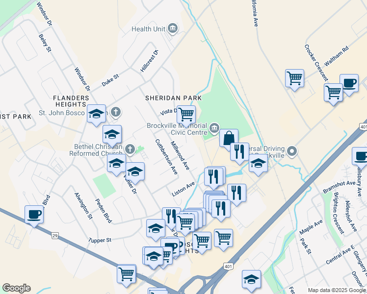 map of restaurants, bars, coffee shops, grocery stores, and more near 2 Stonebriar Court in Brockville