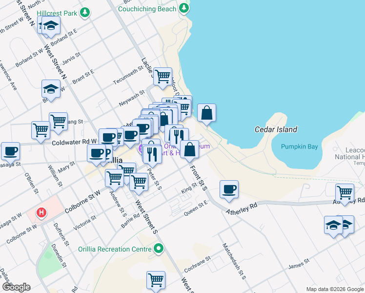 map of restaurants, bars, coffee shops, grocery stores, and more near in Orillia