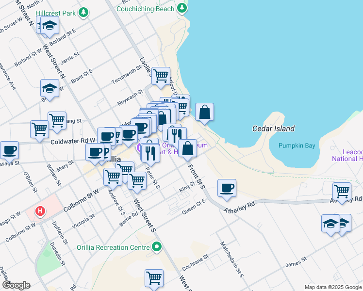 map of restaurants, bars, coffee shops, grocery stores, and more near 44 Front Street South in Orillia