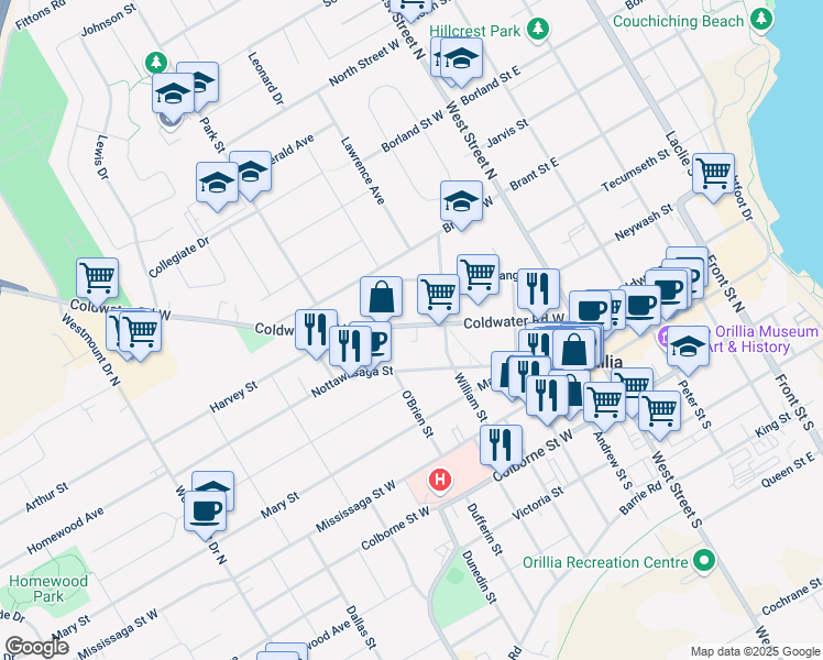 map of restaurants, bars, coffee shops, grocery stores, and more near 115 Coldwater Road West in Orillia