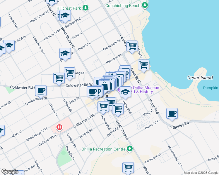map of restaurants, bars, coffee shops, grocery stores, and more near in Orillia