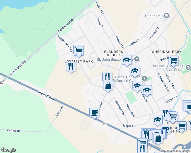 map of restaurants, bars, coffee shops, grocery stores, and more near in Brockville