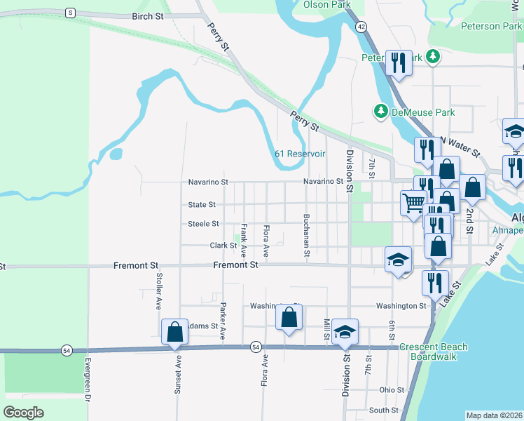 map of restaurants, bars, coffee shops, grocery stores, and more near 1120 Steele Street in Algoma