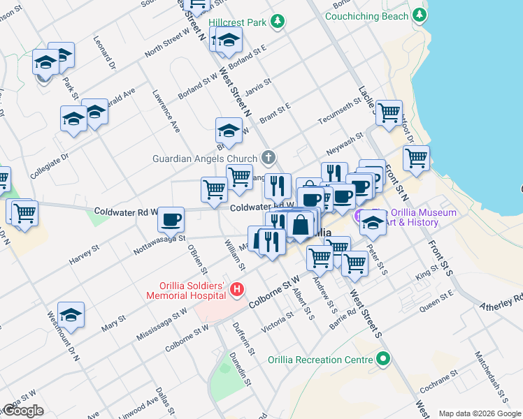 map of restaurants, bars, coffee shops, grocery stores, and more near 57 Albert Street North in Orillia
