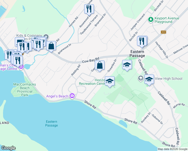 map of restaurants, bars, coffee shops, grocery stores, and more near 128 Redoubt Way in Eastern Passage